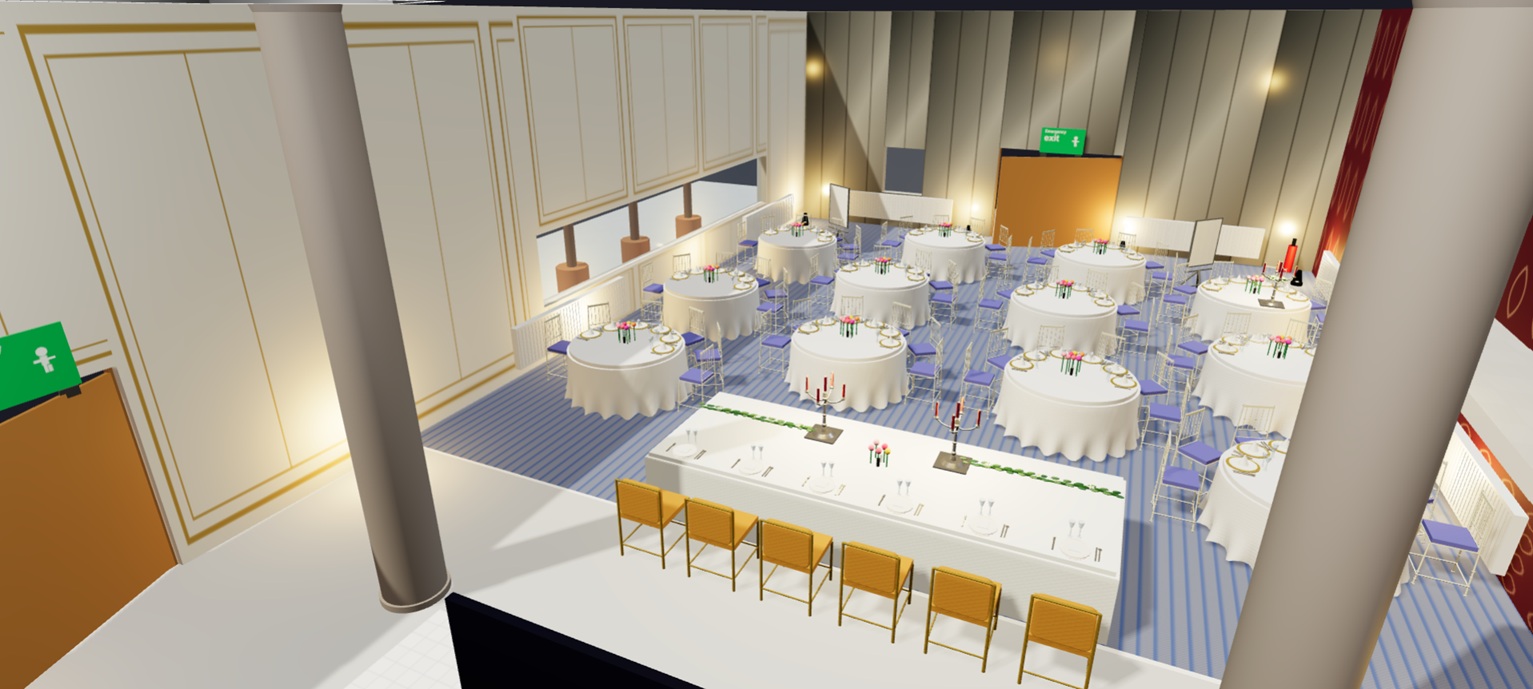 Modern banquet setup with mixed table configurations and contemporary design