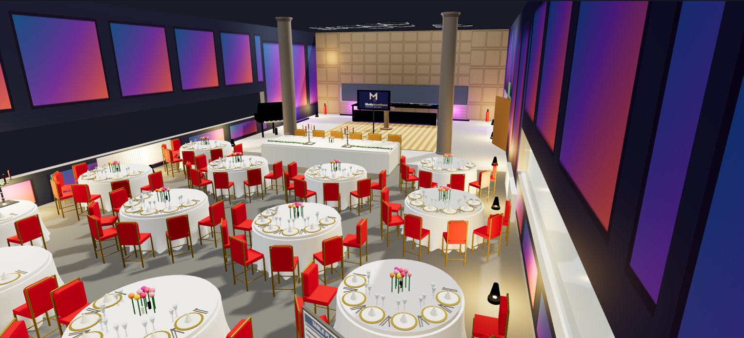 Elegant banquet hall with round tables and sophisticated lighting