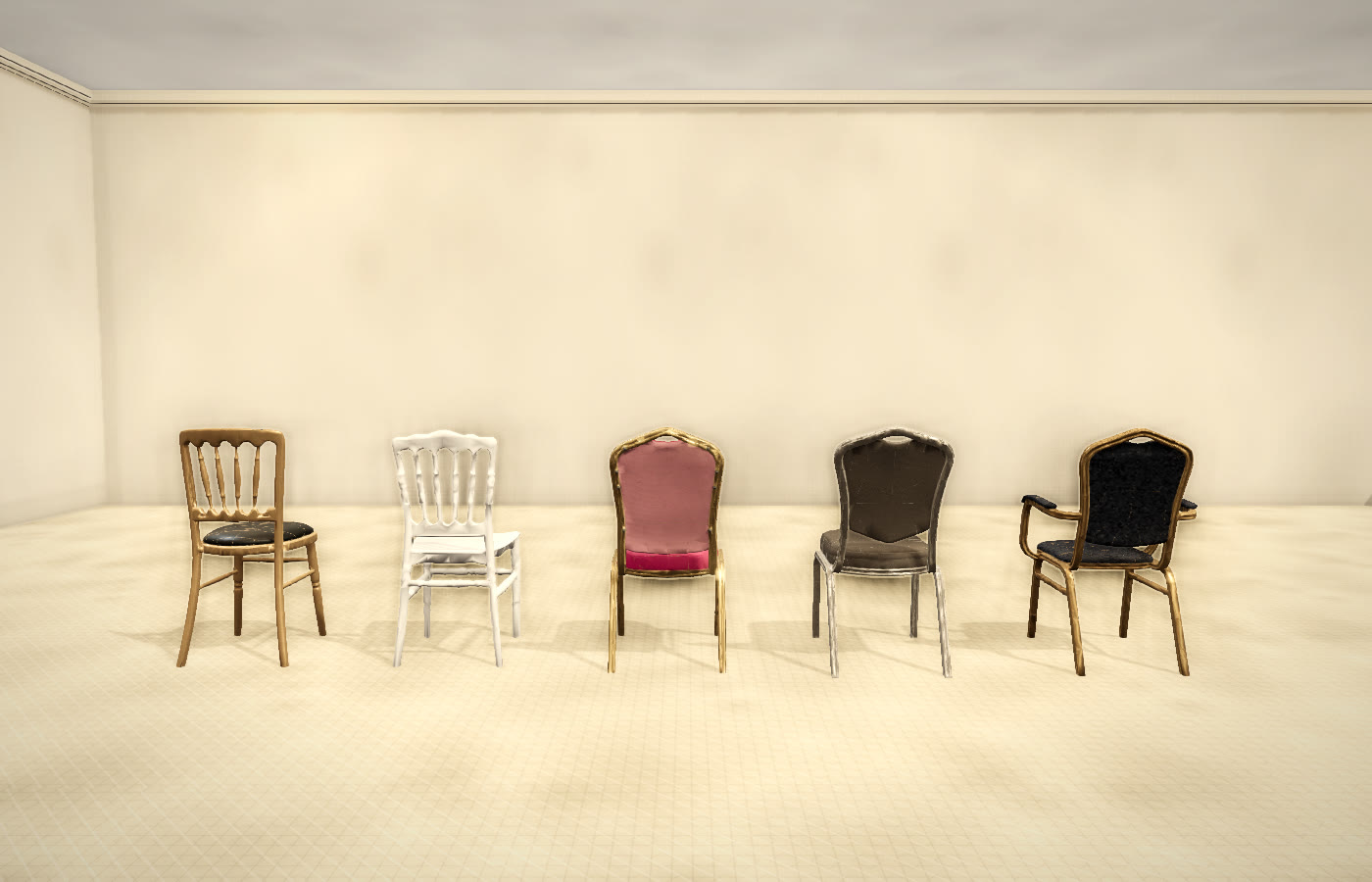Five real banquet and Napoleon chairs rebuilt as 3D models from photographs