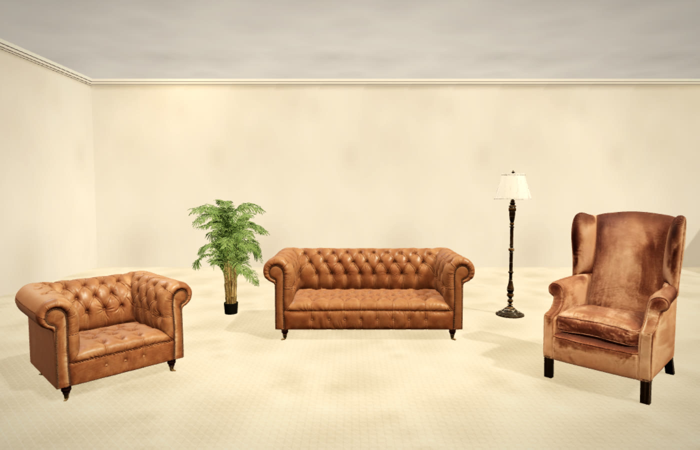 Chesterfield lounge set with wingback armchair, floor lamp and palm — photo-real 3D furniture