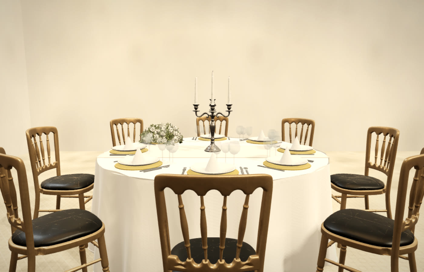Silver candelabra, white rose dome and folded napkins on a table — photo-real tabletop pieces
