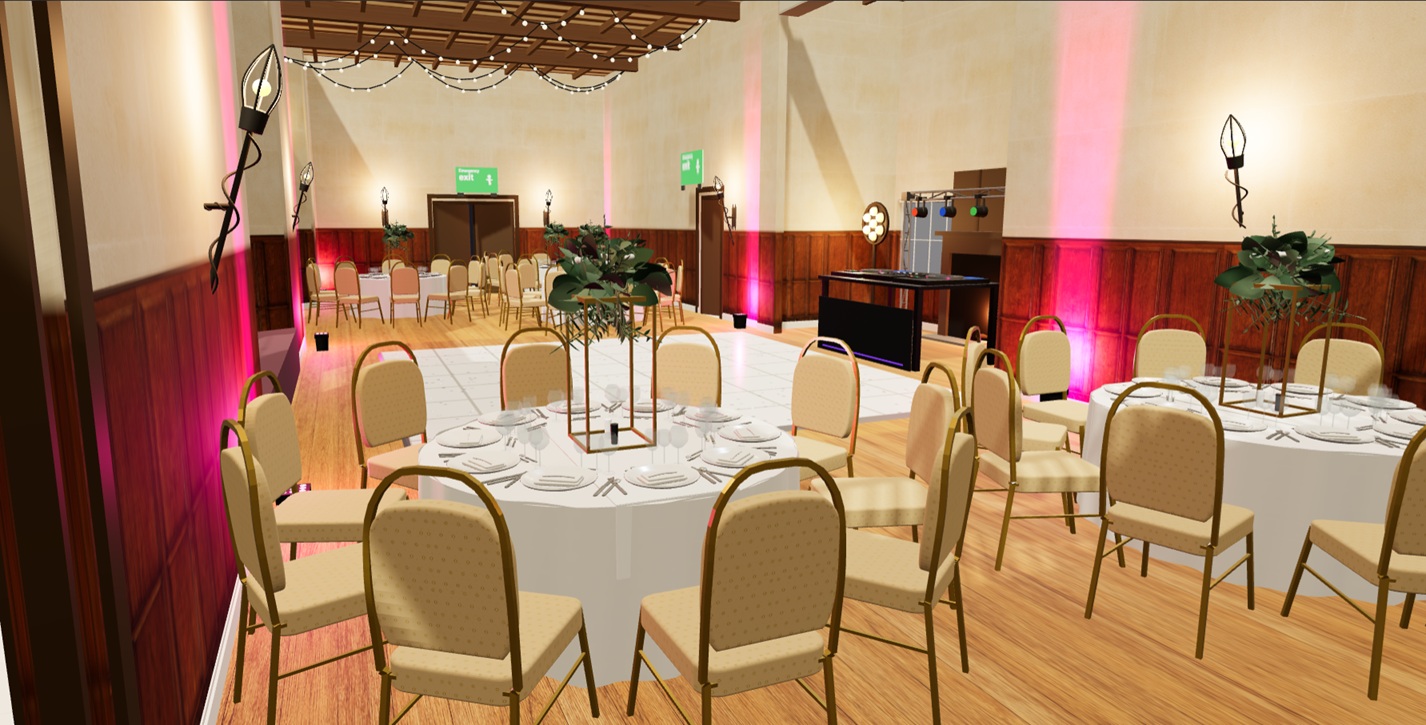 Step 4 — the real 3D banquet layout blended with the venue's AI-extracted walls, floor and finishes