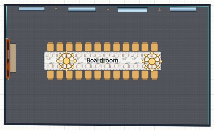 Boardroom example step 1 — the measured 2D plan: one boardroom table for 24 with centrepieces