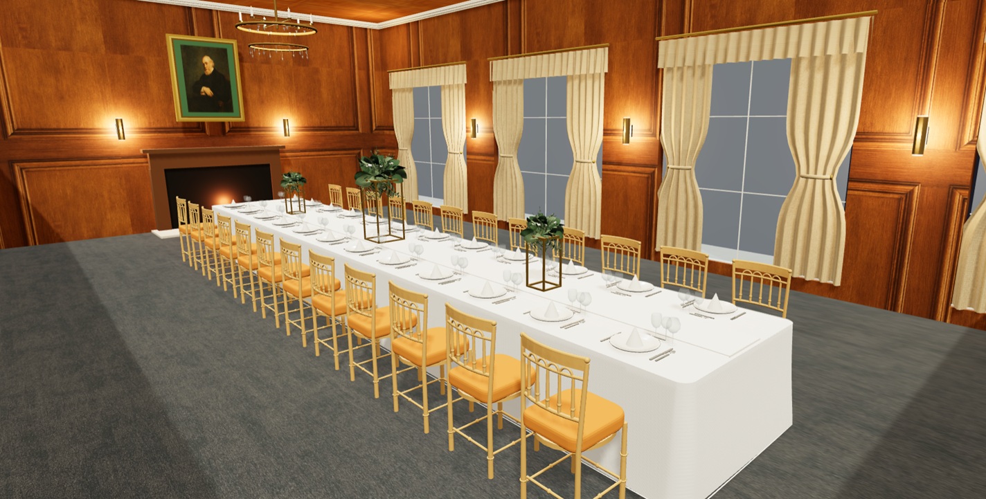 Boardroom example step 4 — the 3D room re-dressed in the venue's AI-extracted oak panelling and finishes